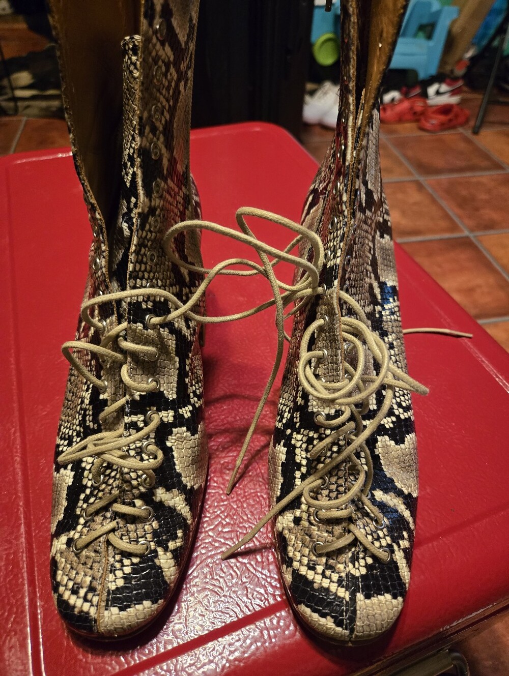 BY FAR Snake-Print Lace-Up Ankle Boots in Black and Tan - Picture 5 of 6